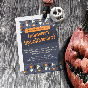 Halloween Party Ghost Pumpkin & Spider Pixel Art Invitation