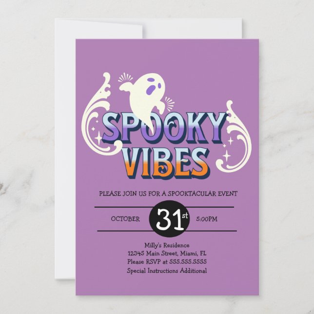 Halloween Party Ghost Spooky Vibes Birthday Purple Invitation (Front)