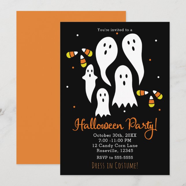 Halloween Party Ghosts & Candy Corn Black Orange Invitation (Front/Back)