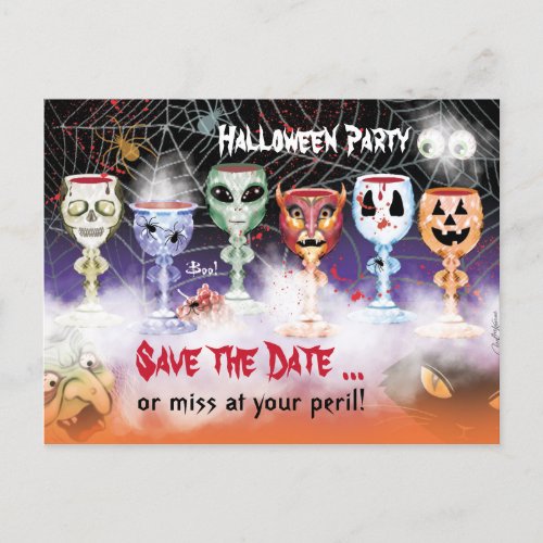 Halloween Party Ghoulish Wine Goblets Invitation Postcard