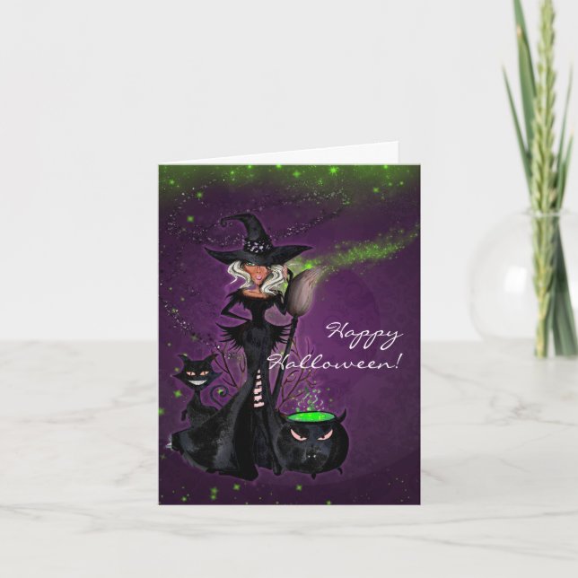 Halloween Party Glam Witch in Black Green Purple Card (Front)