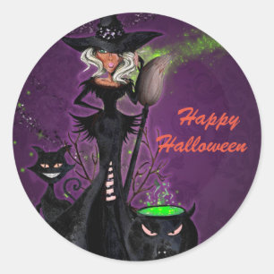 Halloween Party Glam Witch in Black Green Purple Classic Round Sticker