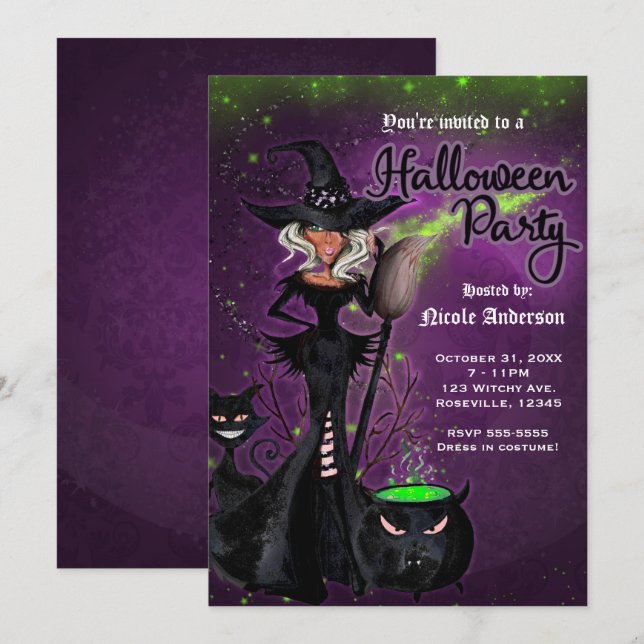 Halloween Party Glam Witch in Black Green Purple Invitation (Front/Back)