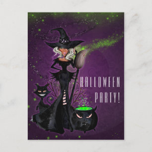 Halloween Party Glam Witch in Black Green Purple Invitation Postcard