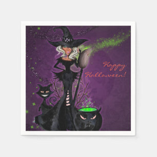 Halloween Party Glam Witch in Black Green Purple Paper Napkins