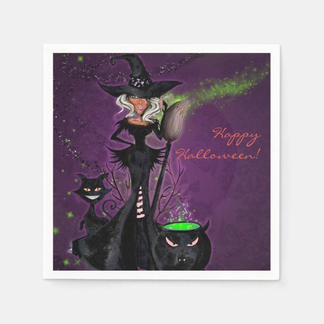 Halloween Party Glam Witch in Black Green Purple Paper Napkins (Front)