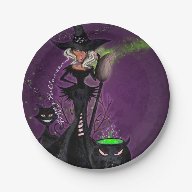 Halloween Party Glam Witch in Black Green Purple Paper Plates (Front)