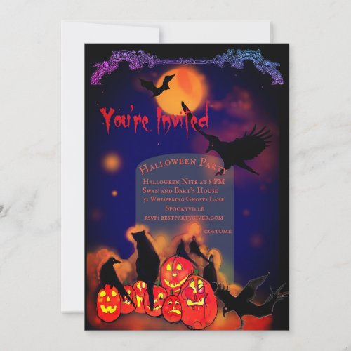 Halloween Party Glowing Pumpkins Ravens Black Cat Invitation