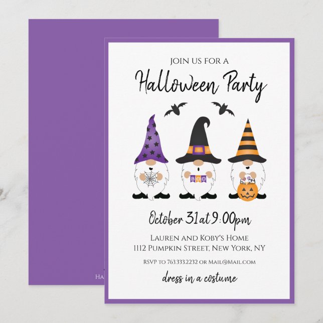 Halloween Party Gnomes Purple Orange Invitation (Front/Back)
