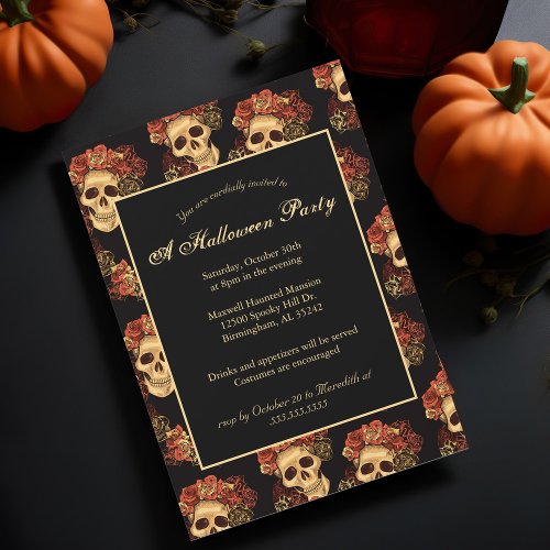 Halloween Party Gothic Skull Black Red Rose Crown Invitation