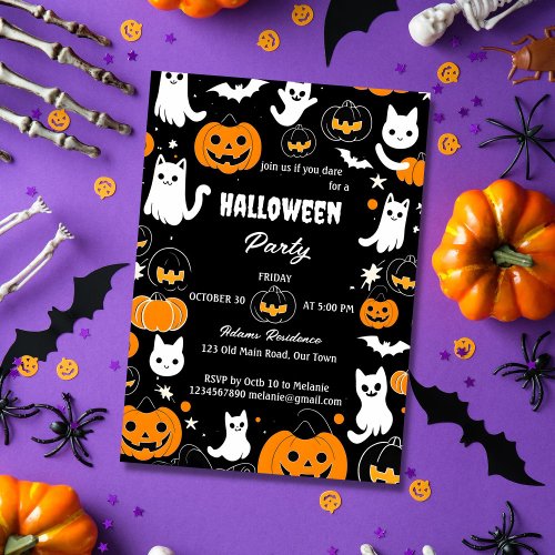 Halloween party groovy retro cats ghosts pumpkins invitation
