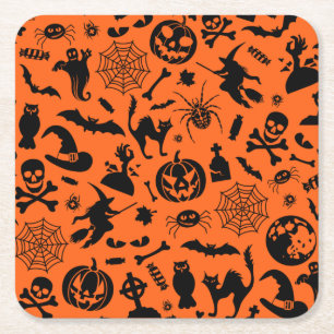 Halloween Party Happy Halloween orange black fun Square Paper Coaster