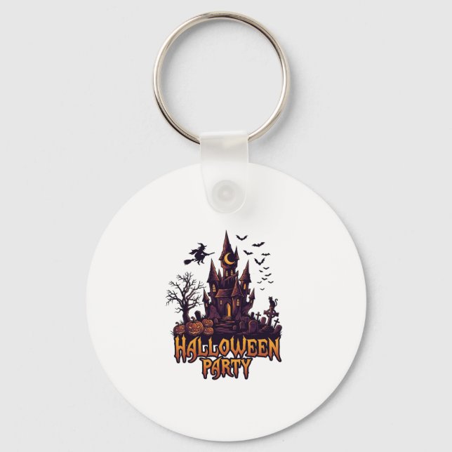 Halloween Party Haunted Castle Pumpkins Bats Keychain (Front)