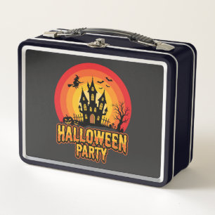 Halloween Party Haunted Castle Retro Vector Metal Lunch Box