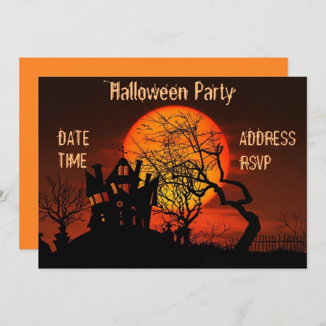 Halloween party Haunted house black and orange Invitation (Front/Back)