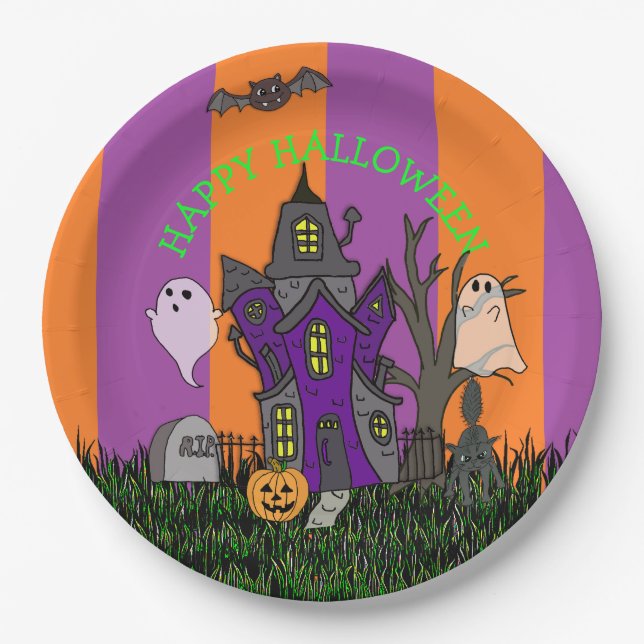 Halloween party Haunted House, Black Cat and Ghost Paper Plates (Front)