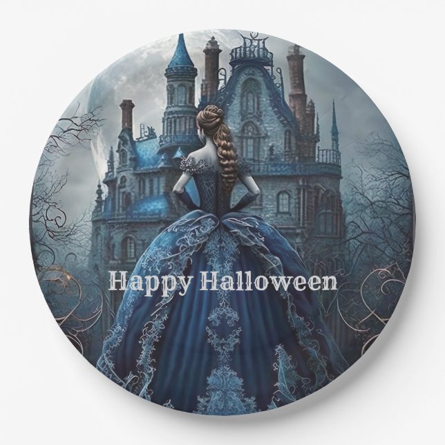Halloween Party Haunted House Blue Night Scary Paper Plates (Front)