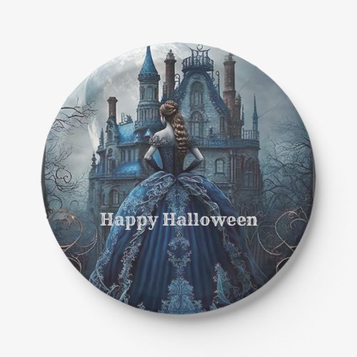 Halloween Party Haunted House Blue Night Scary Paper Plates