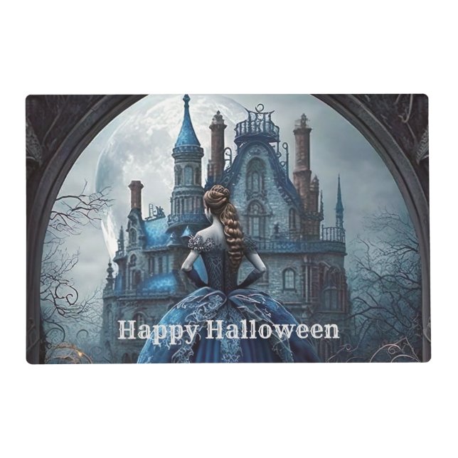 Halloween Party Haunted House Blue Night Scary Placemat (Front)