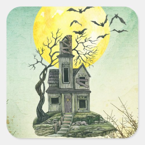 Halloween Party Haunted House Full Moon  Square Sticker