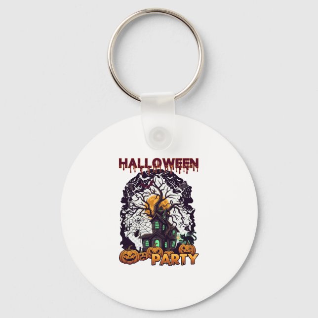 Halloween Party Haunted House Tree Pumpkins Black  Keychain (Front)