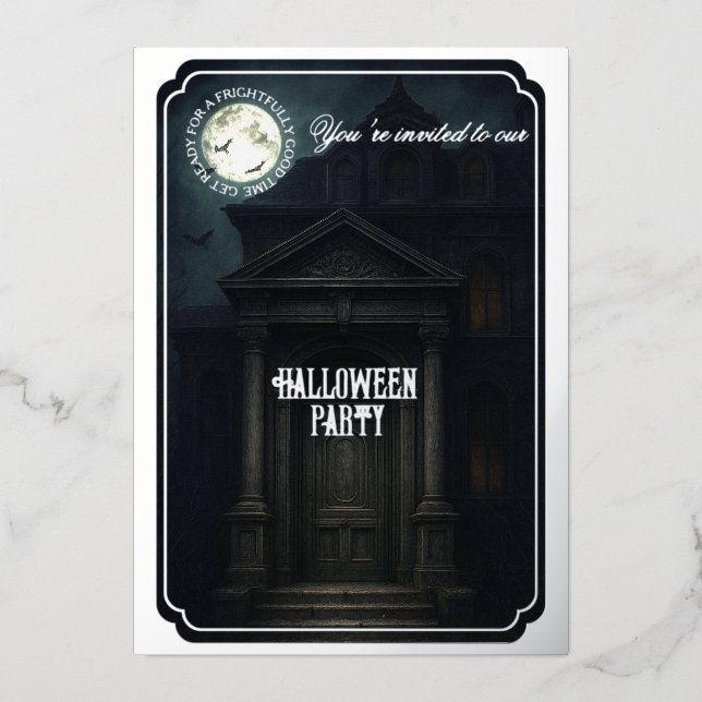 Halloween Party - Haunted Mansion & full moon Foil Invitation (Front)