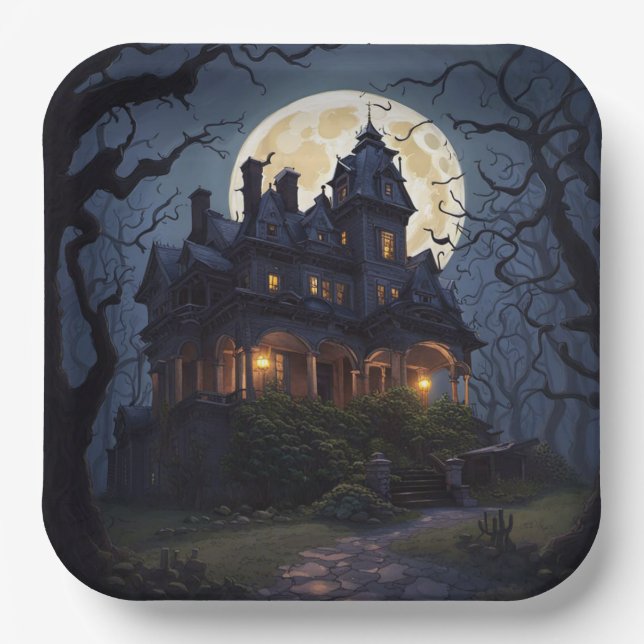 Halloween Party Haunted Mansion Paper Plates (Front)