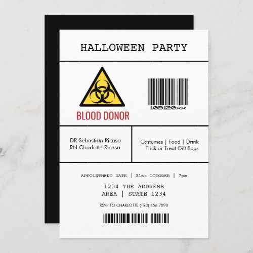 Halloween Party Hazardous Blood Donor Invitation