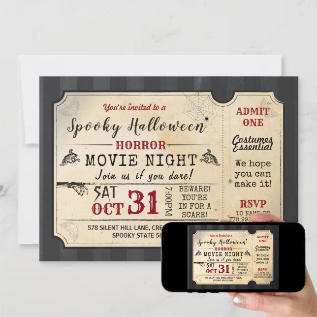 Halloween Party Horror Movie Night Film Ticket Invitation | Zazzle