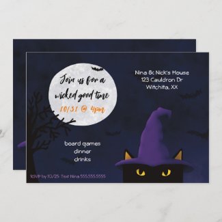 Halloween Party Invitation | Black Cat | Purple