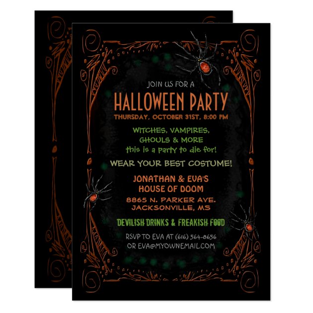 Halloween Party Invitation - Black Orange Spiders