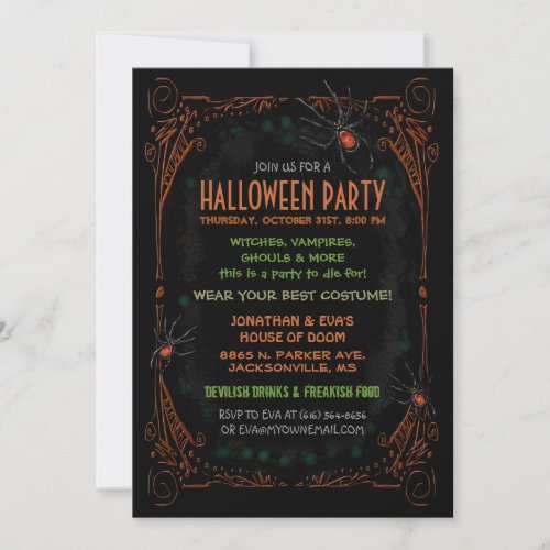 Halloween Party Invitation _ Black Orange Spiders
