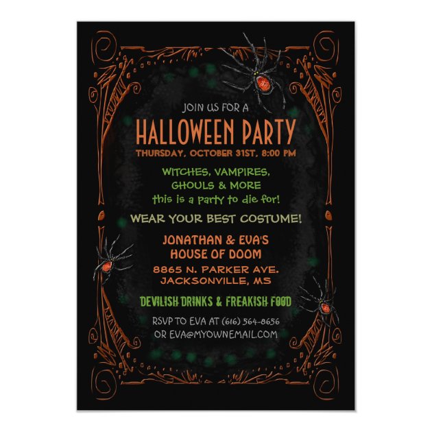 Halloween Party Invitation - Black Orange Spiders