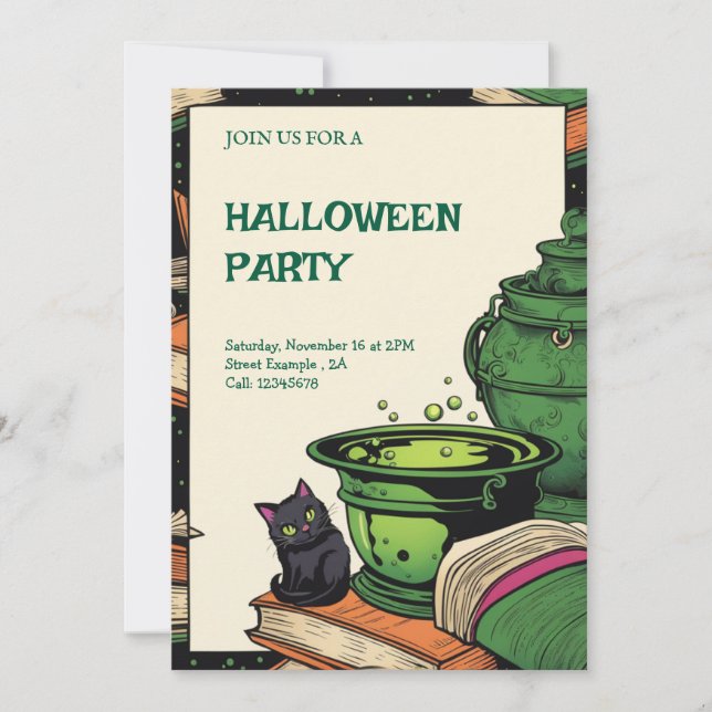 Halloween Party Invitation Caldeirão and Black Cat (Front)