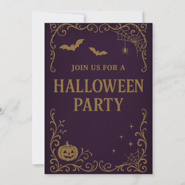 Halloween Party Invitation | Gothic Purple & Gold (Front)
