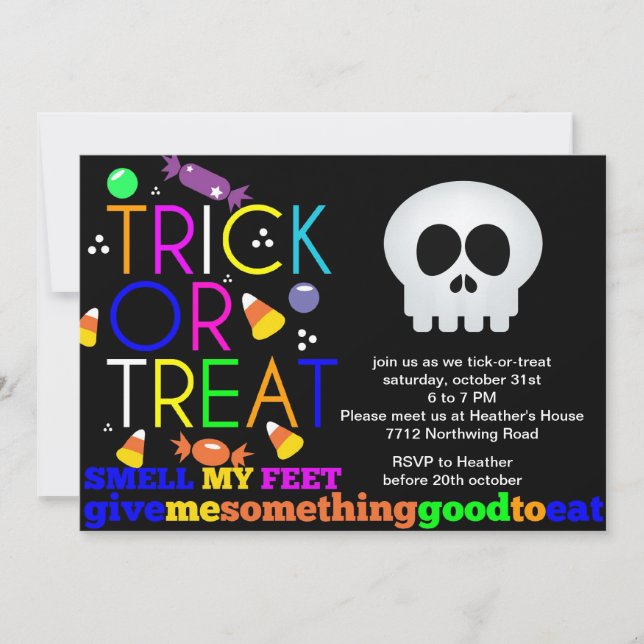 Halloween party invitation skeleton and sweets (Front)
