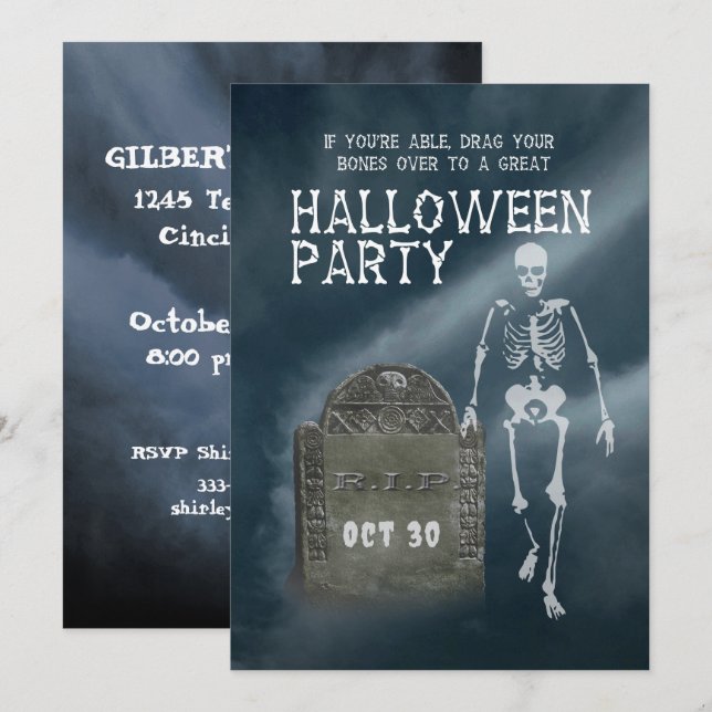 Halloween Party invitation Skeleton and Tombstone (Front/Back)
