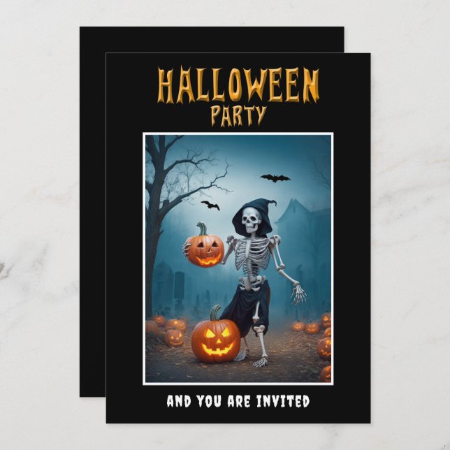 Halloween Party invitation Skeleton with Pumpkins (Front/Back)