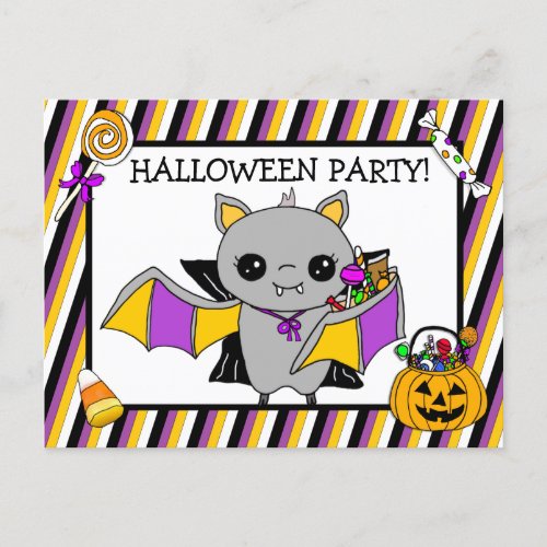 Halloween Party Invitation with Bat Holding Candy Postcard