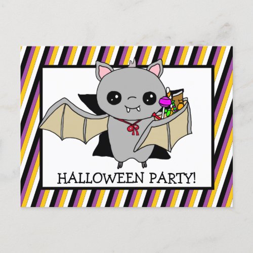 Halloween Party Invitation with Bat Holding Candy Postcard