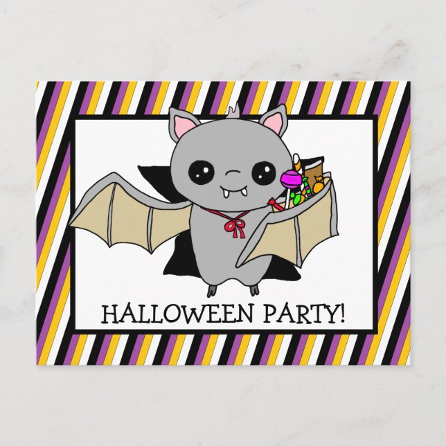 Halloween Party Invitation with Bat Holding Candy Postcard (Front)