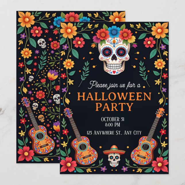 Halloween Party Invitation with Colorful Skulls (Front/Back)