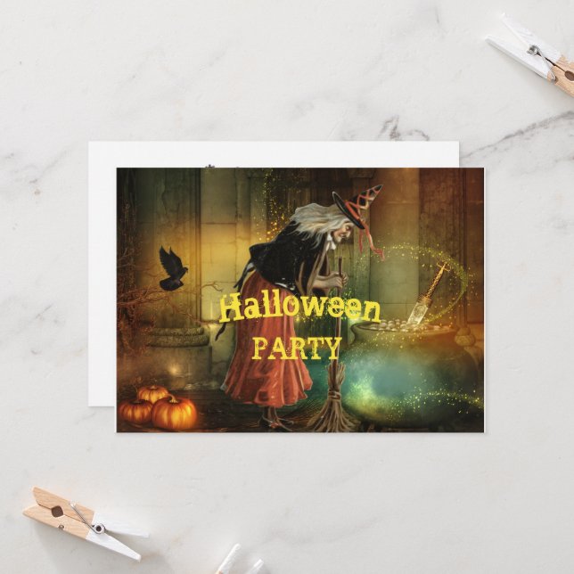 Halloween Party Invitation with Vintage Witch (Front/Back In Situ)
