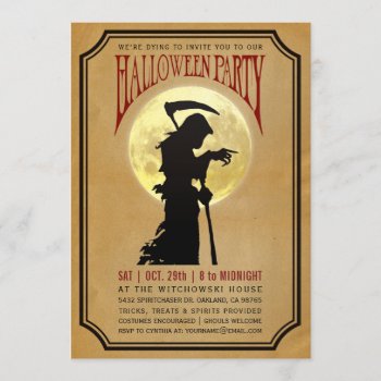 Halloween Party Invitations | Moon & Grim Reaper by Anything_Goes at Zazzle