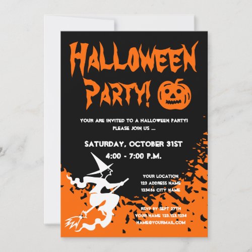 Halloween party invitations with pumpkin and witch