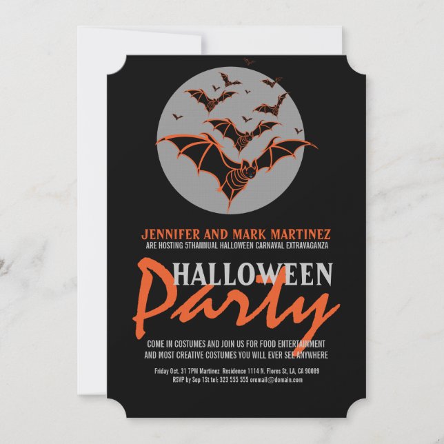 Halloween Party Invite Black & Orange Bats (Front)