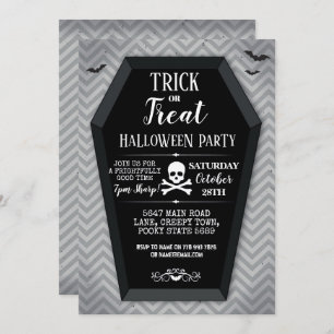 Halloween Party Invite Coffin Bats Skull Crossbone