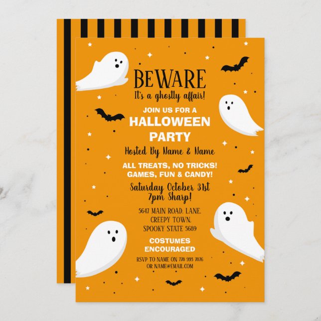 Halloween Party Invite Ghosts Orange Bats Fun (Front/Back)