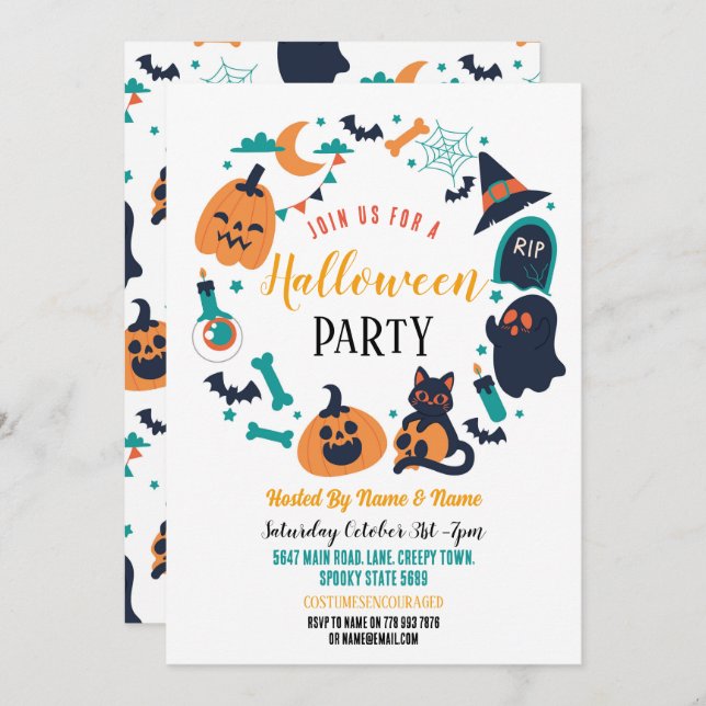 Halloween Party Invite Ghosts Pumpkins (Front/Back)