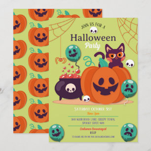 Halloween Party Invite Ghosts Pumpkins Cats Spider